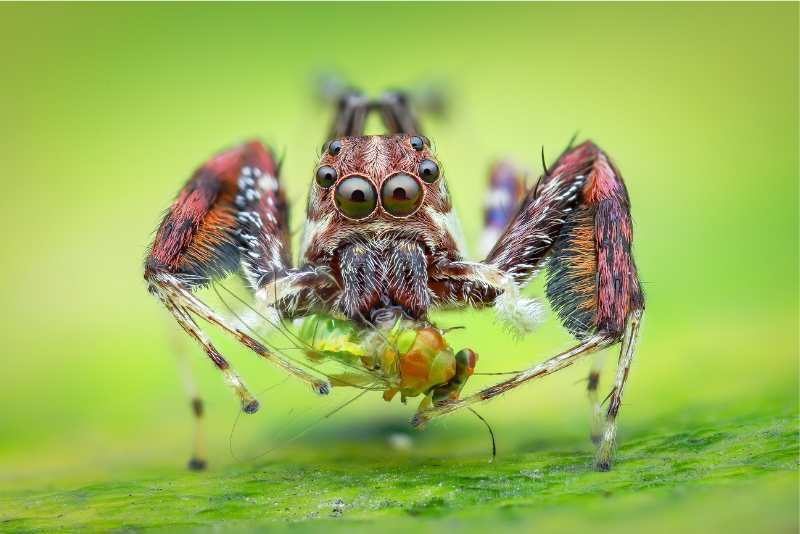 Jumping spider eating a dead insect